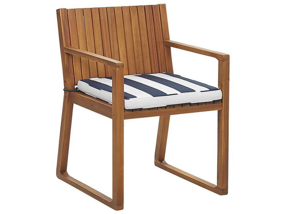 Beliani Záhradná jedálenská stolička z akáciového dreva s podsedákom námornícka modrá a biela SASSARI
